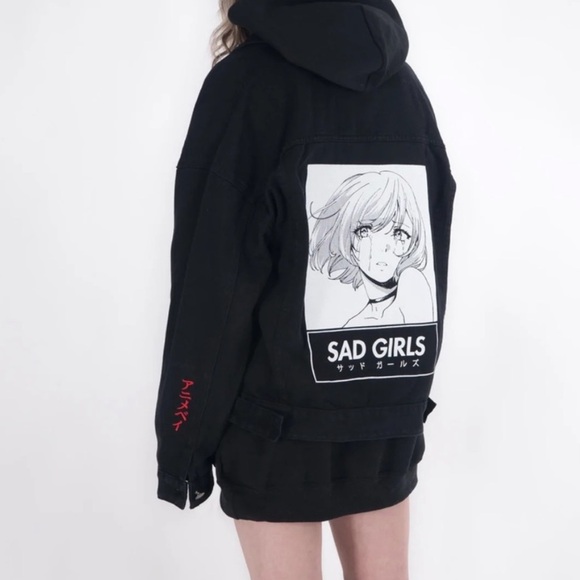 Animebae Collection Sad Girls Art Denim Jean Jacket Black Size Large Unisex - Picture 1 of 9